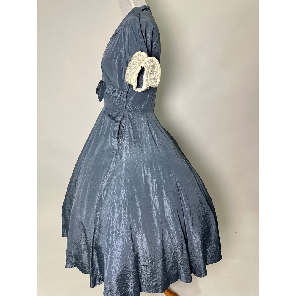 Vintage 1950s Leslie Fay Blue Satin Fit Flare Dress Pearl Cuffs Pockets 50s - Picture 8 of 11